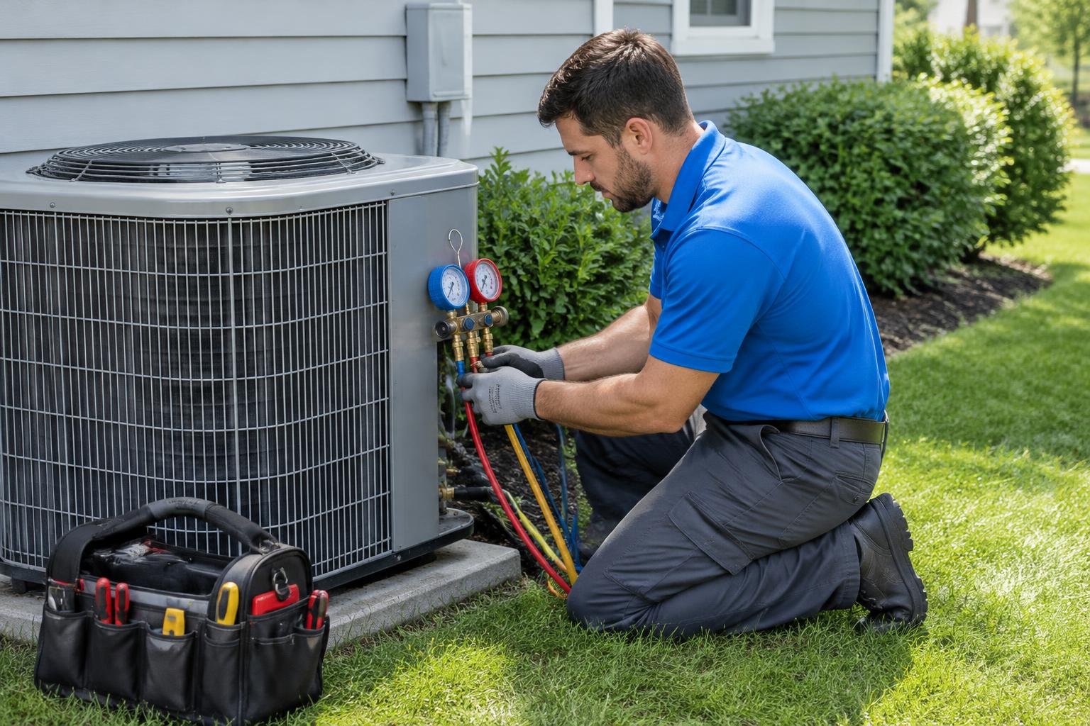 Generated illustration of two HVAC professionals in blue polos servicing an outdoor air conditioner