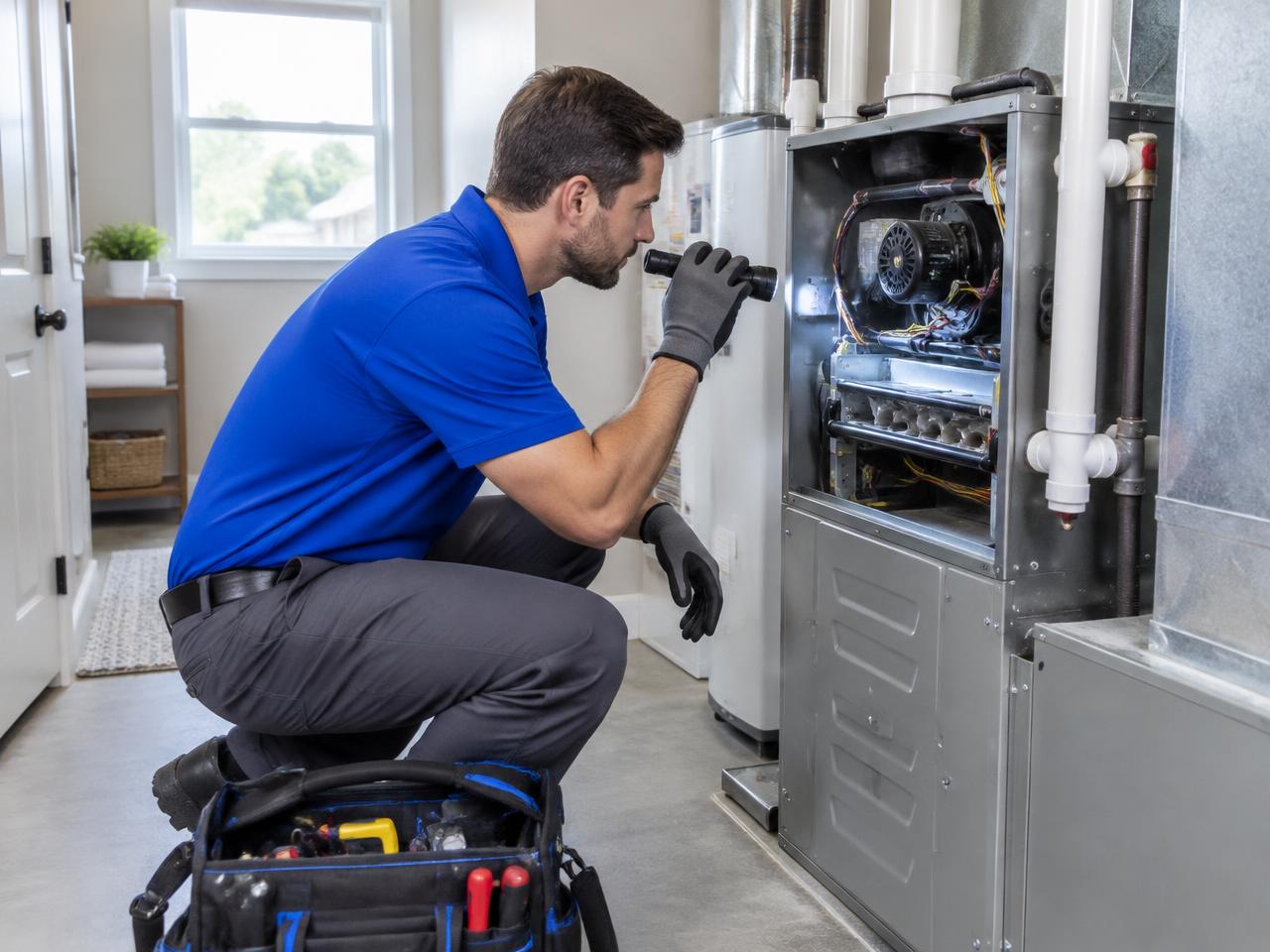 Generated illustration of a professional in a blue polo inspecting a residential furnace